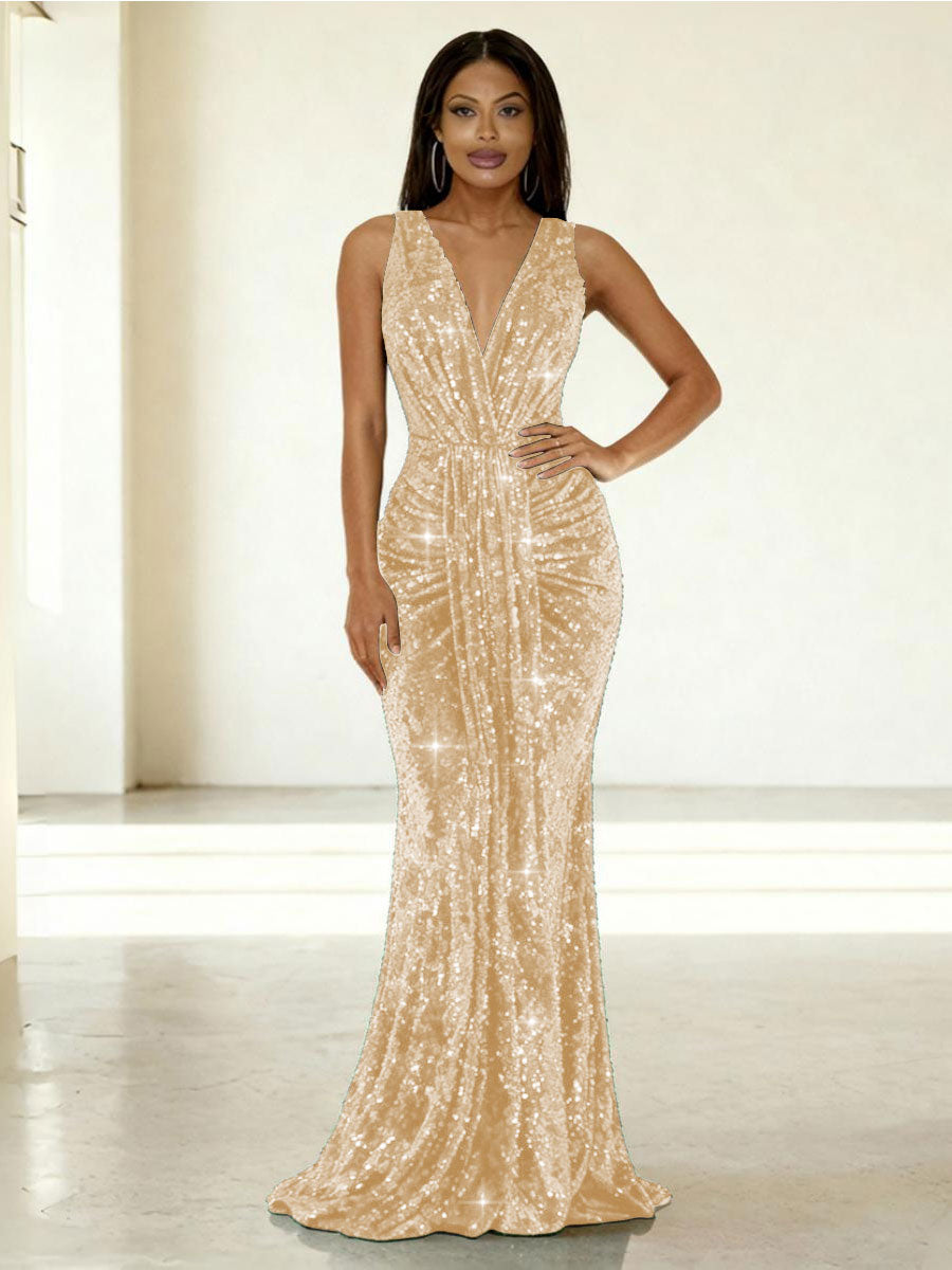 Mermaid/Trumpet V-Neck Ruched Floor-Length Formal Evening Dresses with Sparkly Sequin