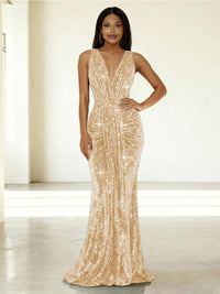 Mermaid/Trumpet V-Neck Ruched Floor-Length Formal Evening Dresses with Sparkly Sequin