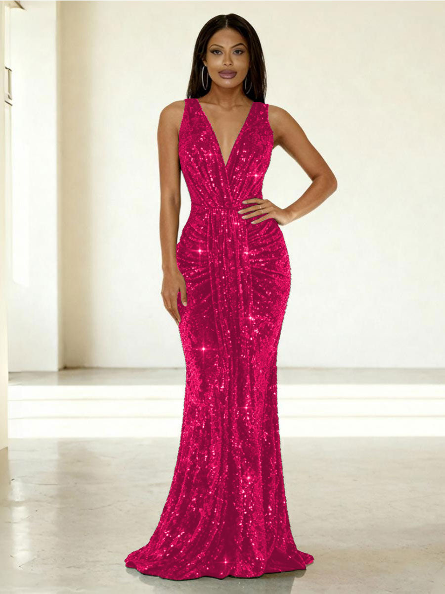 Mermaid/Trumpet V-Neck Ruched Floor-Length Formal Evening Dresses with Sparkly Sequin