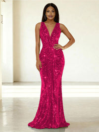 Mermaid/Trumpet V-Neck Ruched Floor-Length Formal Evening Dresses with Sparkly Sequin