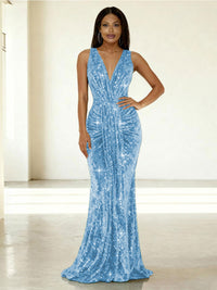 Mermaid/Trumpet V-Neck Ruched Floor-Length Formal Evening Dresses with Sparkly Sequin