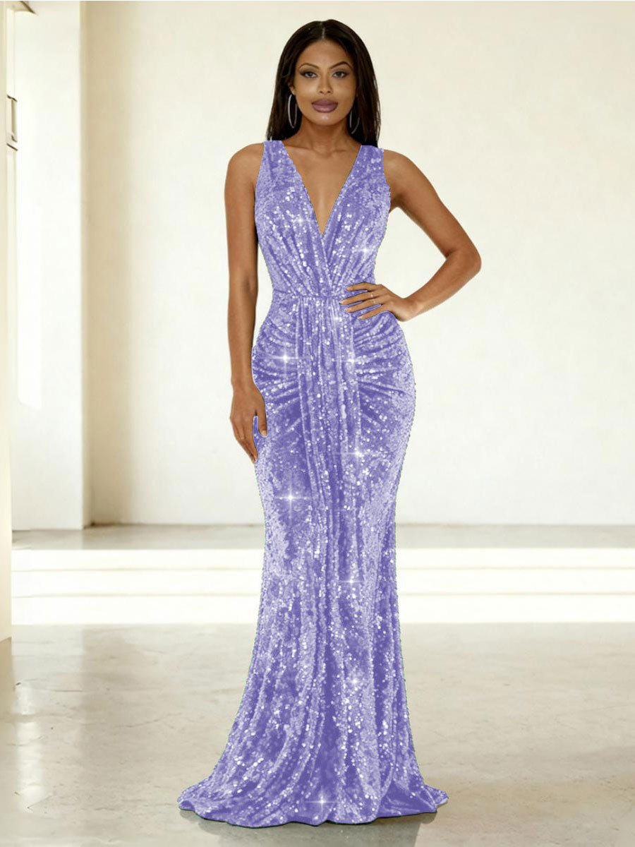 Mermaid/Trumpet V-Neck Ruched Floor-Length Formal Evening Dresses with Sparkly Sequin