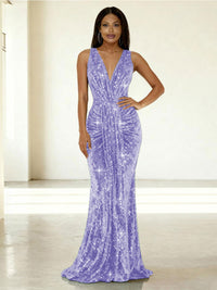 Mermaid/Trumpet V-Neck Ruched Floor-Length Formal Evening Dresses with Sparkly Sequin