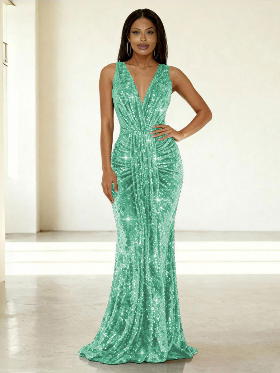 Mermaid/Trumpet V-Neck Ruched Floor-Length Formal Evening Dresses with Sparkly Sequin