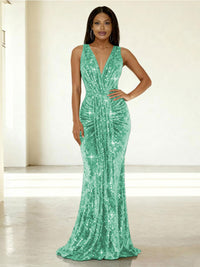 Mermaid/Trumpet V-Neck Ruched Floor-Length Formal Evening Dresses with Sparkly Sequin