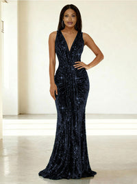 Mermaid/Trumpet V-Neck Ruched Floor-Length Formal Evening Dresses with Sparkly Sequin