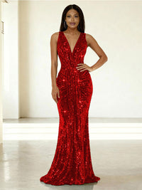 Mermaid/Trumpet V-Neck Ruched Floor-Length Formal Evening Dresses with Sparkly Sequin
