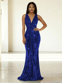 Mermaid/Trumpet V-Neck Ruched Floor-Length Formal Evening Dresses with Sparkly Sequin