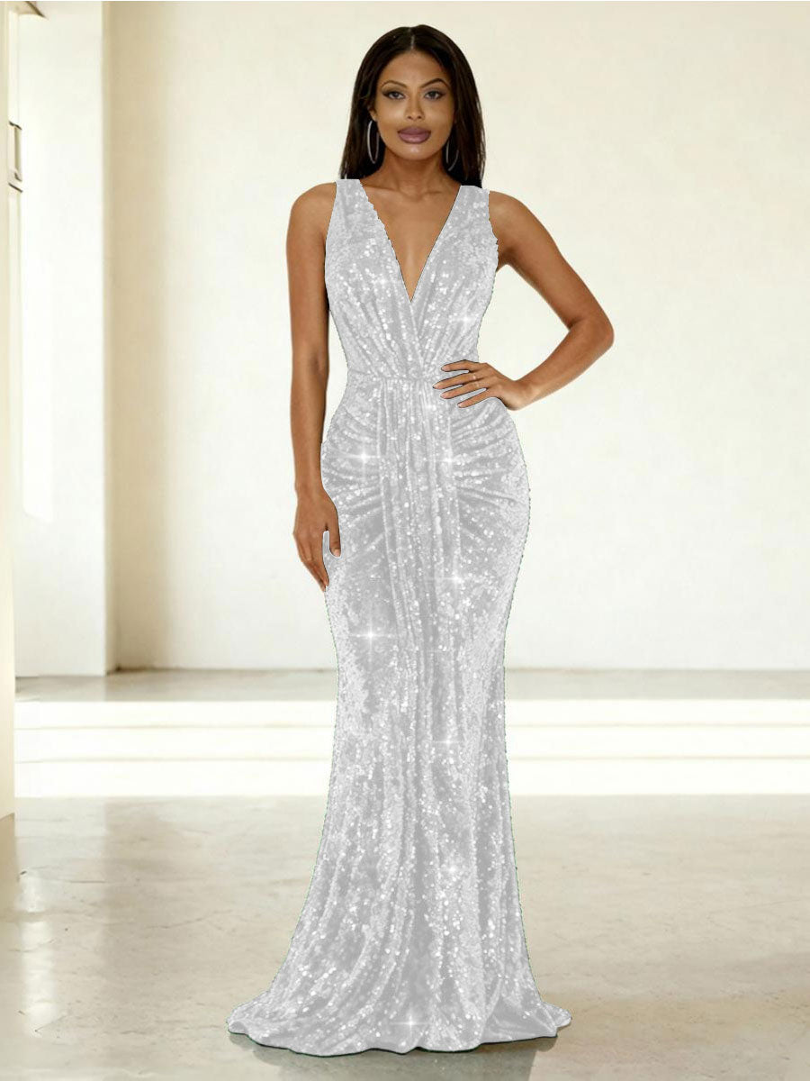 Mermaid/Trumpet V-Neck Ruched Floor-Length Formal Evening Dresses with Sparkly Sequin