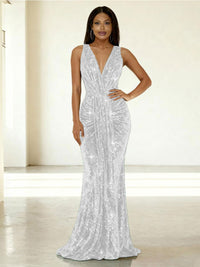 Mermaid/Trumpet V-Neck Ruched Floor-Length Formal Evening Dresses with Sparkly Sequin