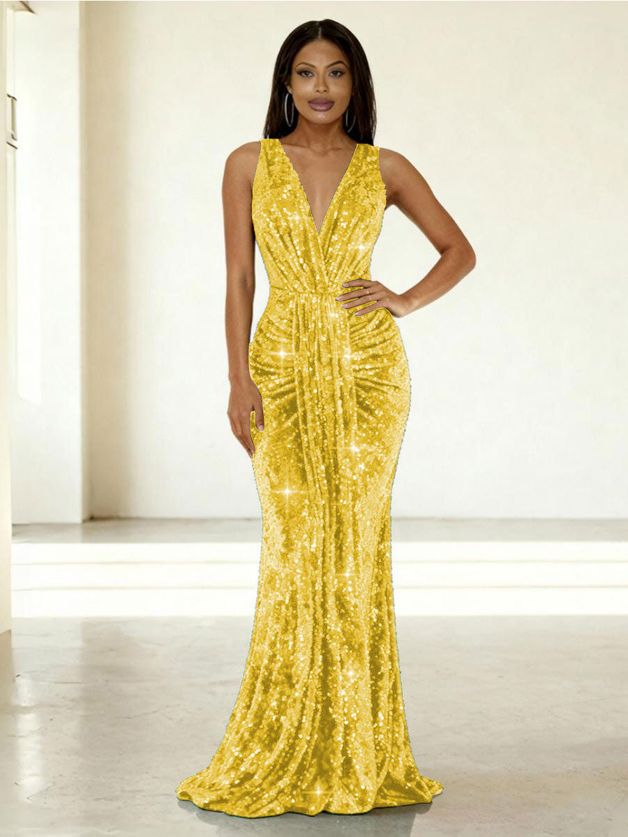 Mermaid/Trumpet V-Neck Ruched Floor-Length Formal Evening Dresses with Sparkly Sequin