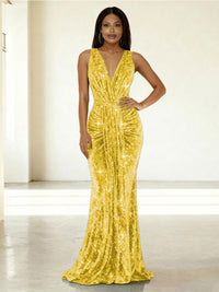 Mermaid/Trumpet V-Neck Ruched Floor-Length Formal Evening Dresses with Sparkly Sequin