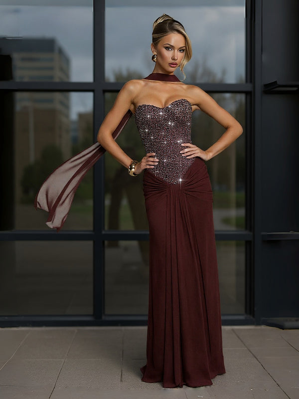 Sheath/Column Strapless Scarf Sparkly Floor-Length Formal Evening Dresses with Ruched Satin Shirees Sheath/Column Strapless Scarf Sparkly Floor-Length Formal Evening Dresses with Ruched Satin Shirees