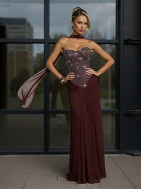 Sheath/Column Strapless Scarf Sparkly Floor-Length Formal Evening Dresses with Ruched Satin