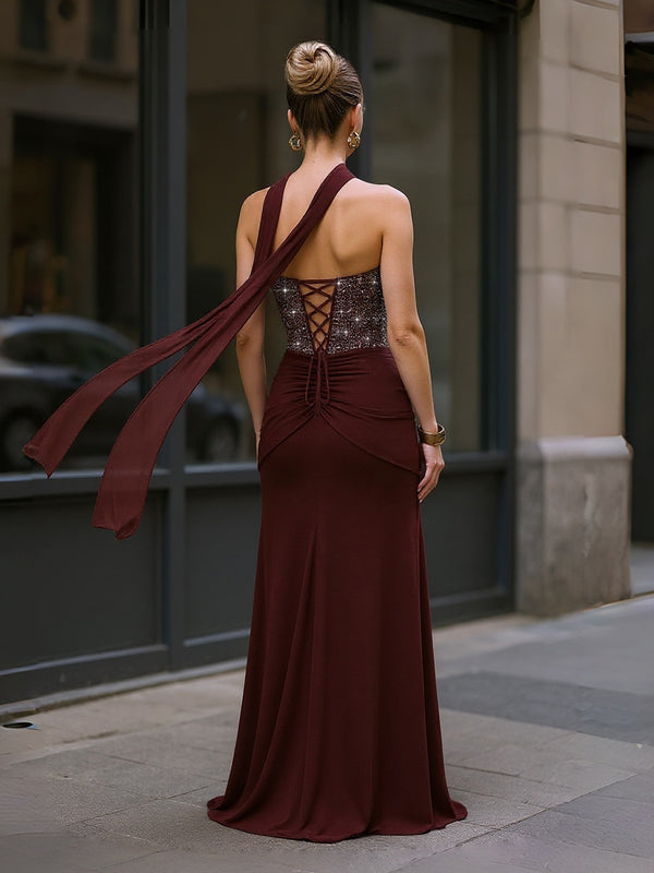 Sheath/Column Strapless Scarf Sparkly Floor-Length Formal Evening Dresses with Ruched Satin Shirees Sheath/Column Strapless Scarf Sparkly Floor-Length Formal Evening Dresses with Ruched Satin Shirees