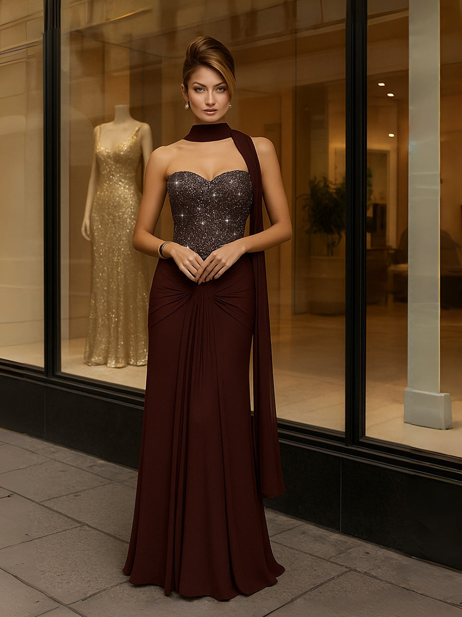 Sheath/Column Strapless Scarf Sparkly Floor-Length Formal Evening Dresses with Ruched Satin