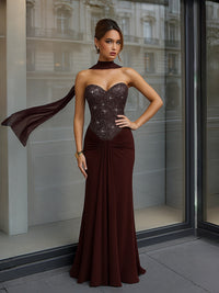 Sheath/Column Strapless Scarf Sparkly Floor-Length Formal Evening Dresses with Ruched Satin