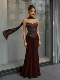 Sheath/Column Strapless Scarf Sparkly Floor-Length Formal Evening Dresses with Ruched Satin