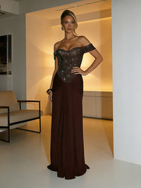 Sheath/Column Off-Shoulder Sweetheart Sparkly Floor-Length Formal Evening Dresses with Ruched Satin