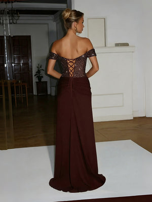Sheath/Column Off-Shoulder Sweetheart Sparkly Floor-Length Formal Evening Dresses with Ruched Satin