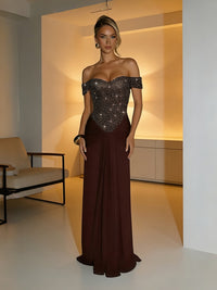 Sheath/Column Off-Shoulder Sweetheart Sparkly Floor-Length Formal Evening Dresses with Ruched Satin