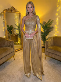 Jumpsuit One-Shoulder Metallic Sequined Long Mixed Formal Evening Dresses with Drape