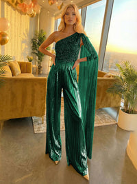 Jumpsuit One-Shoulder Metallic Sequined Long Mixed Formal Evening Dresses with Drape
