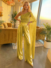 Jumpsuit One-Shoulder Metallic Sequined Long Mixed Formal Evening Dresses with Drape