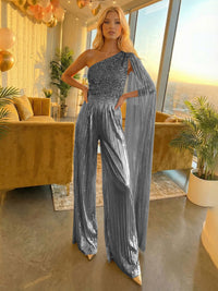 Jumpsuit One-Shoulder Metallic Sequined Long Mixed Formal Evening Dresses with Drape