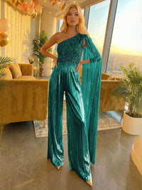 Jumpsuit One-Shoulder Metallic Sequined Long Mixed Formal Evening Dresses with Drape