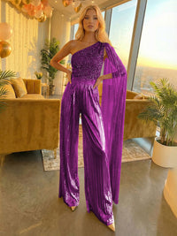 Jumpsuit One-Shoulder Metallic Sequined Long Mixed Formal Evening Dresses with Drape