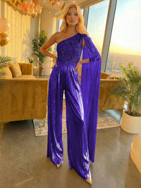 Jumpsuit One-Shoulder Metallic Sequined Long Mixed Formal Evening Dresses with Drape