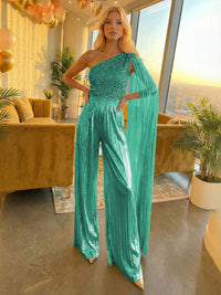 Jumpsuit One-Shoulder Metallic Sequined Long Mixed Formal Evening Dresses with Drape