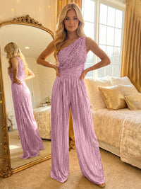 Jumpsuit One-Shoulder Metallic Long Mixed Evening Dresses with Sequins
