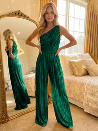Jumpsuit One-Shoulder Metallic Long Mixed Evening Dresses with Sequins