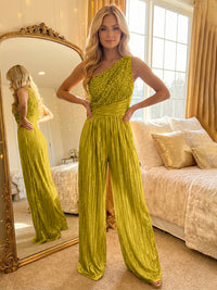 Jumpsuit One-Shoulder Metallic Long Mixed Evening Dresses with Sequins