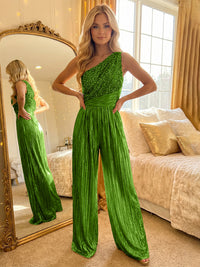 Jumpsuit One-Shoulder Metallic Long Mixed Evening Dresses with Sequins