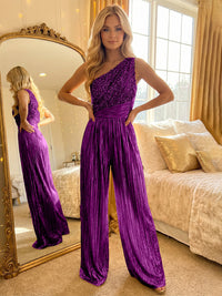 Jumpsuit One-Shoulder Metallic Long Mixed Evening Dresses with Sequins