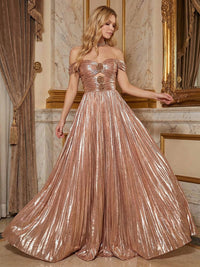 Off Shoulder Metallic Floral Floor Length Formal Evening Dresses with Cut Out
