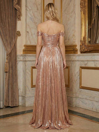 Off Shoulder Metallic Floral Floor Length Formal Evening Dresses with Cut Out