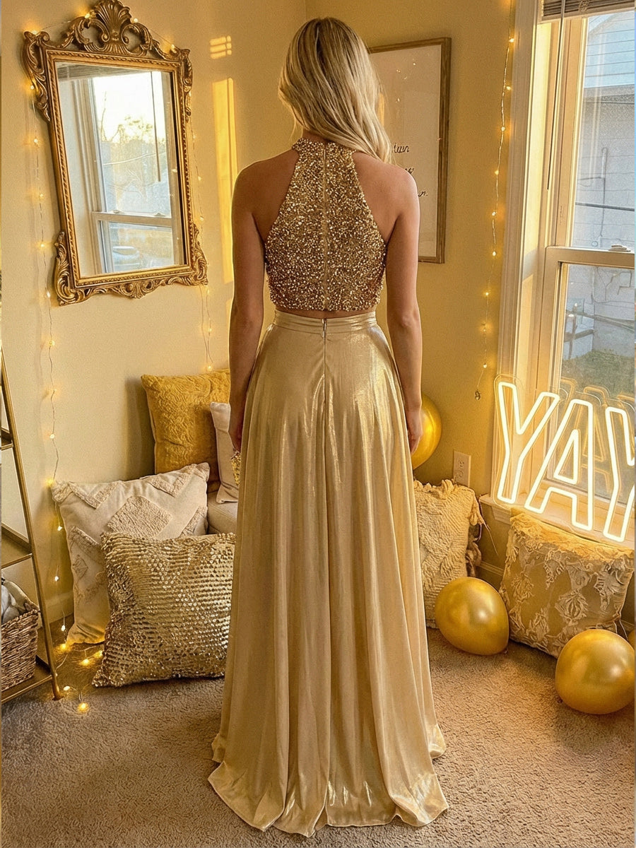 Halter A Line 2 Pieces Floor Length Formal Evening Dresses with Split Side