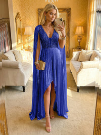 A Line Deep V Neck Asymmetrical Sequined Formal Evening Dresses with Pleats