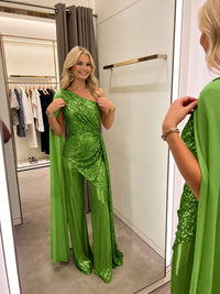Jumpsuit One-Shoulder Metallic Mixed Evening Dresses with Drape