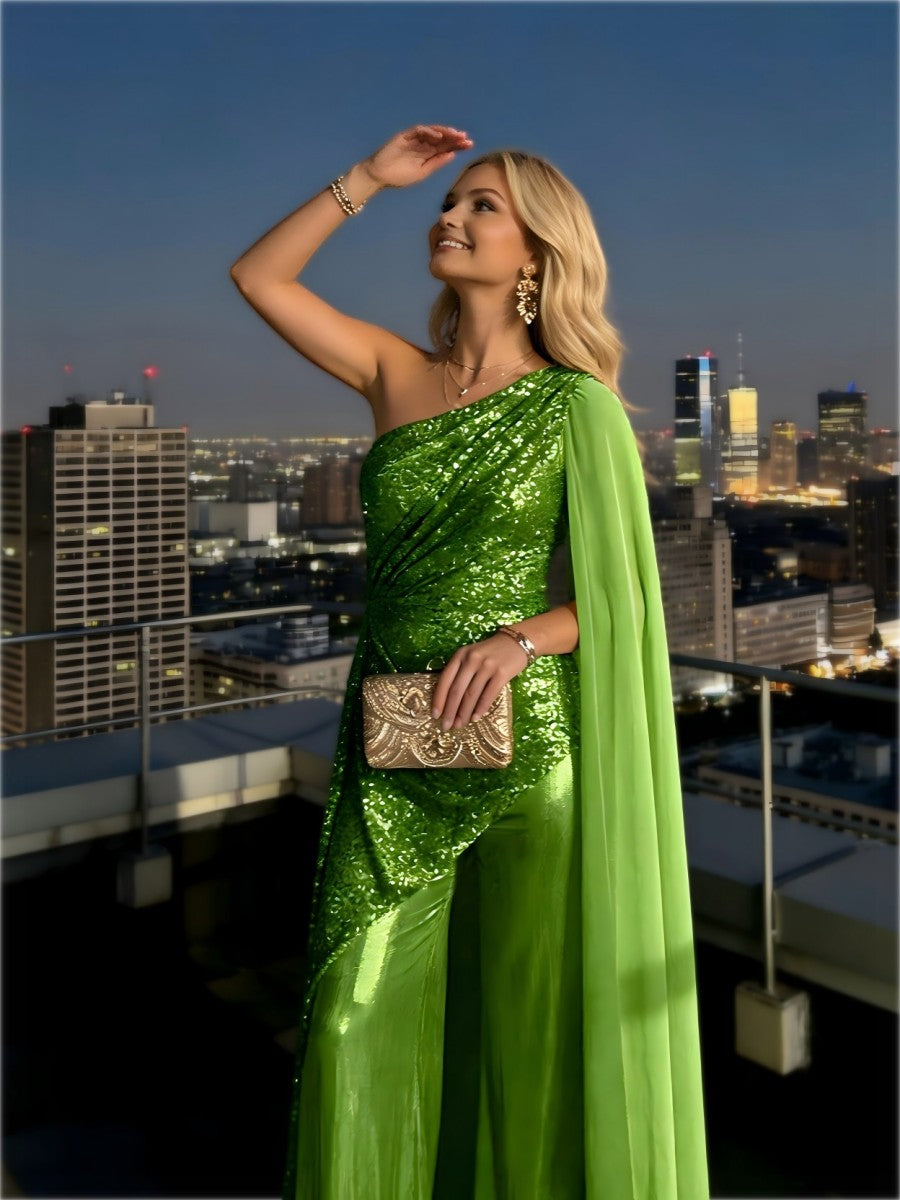 Jumpsuit One-Shoulder Metallic Mixed Evening Dresses with Drape