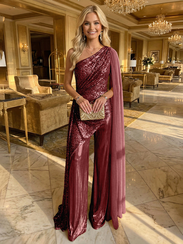 Jumpsuit One-Shoulder Metallic Mixed Evening Dresses with Drape