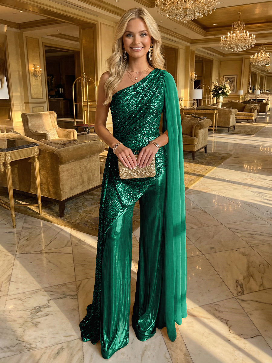 Jumpsuit One-Shoulder Metallic Mixed Evening Dresses with Drape