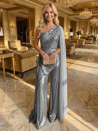 Jumpsuit One-Shoulder Metallic Mixed Evening Dresses with Drape