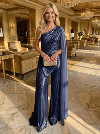 Jumpsuit One-Shoulder Metallic Mixed Evening Dresses with Drape