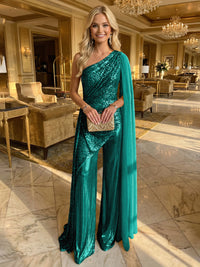 Jumpsuit One-Shoulder Metallic Mixed Evening Dresses with Drape