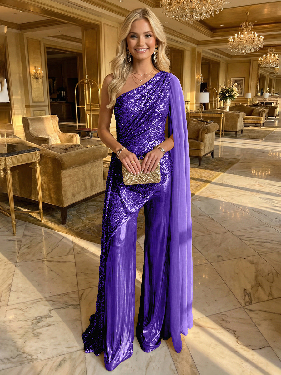 Jumpsuit One-Shoulder Metallic Mixed Evening Dresses with Drape